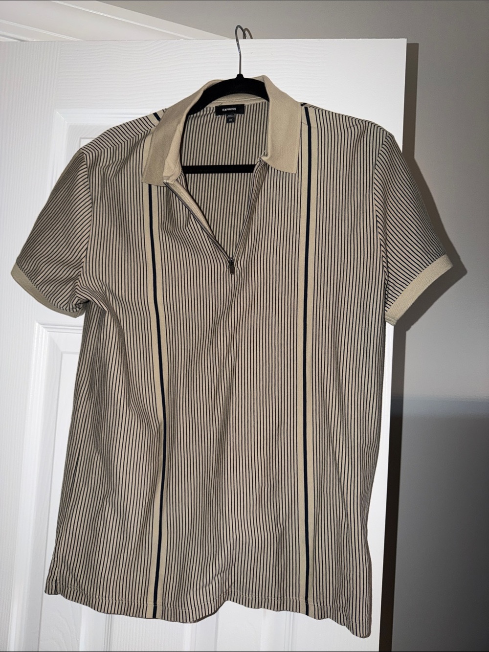 Express Beige Polo with Black and Navy Stripes